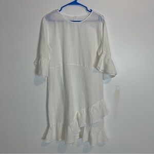 Claudio Milano Dress ruffled linen back zip summer white SZ XL 3/4 sleeve